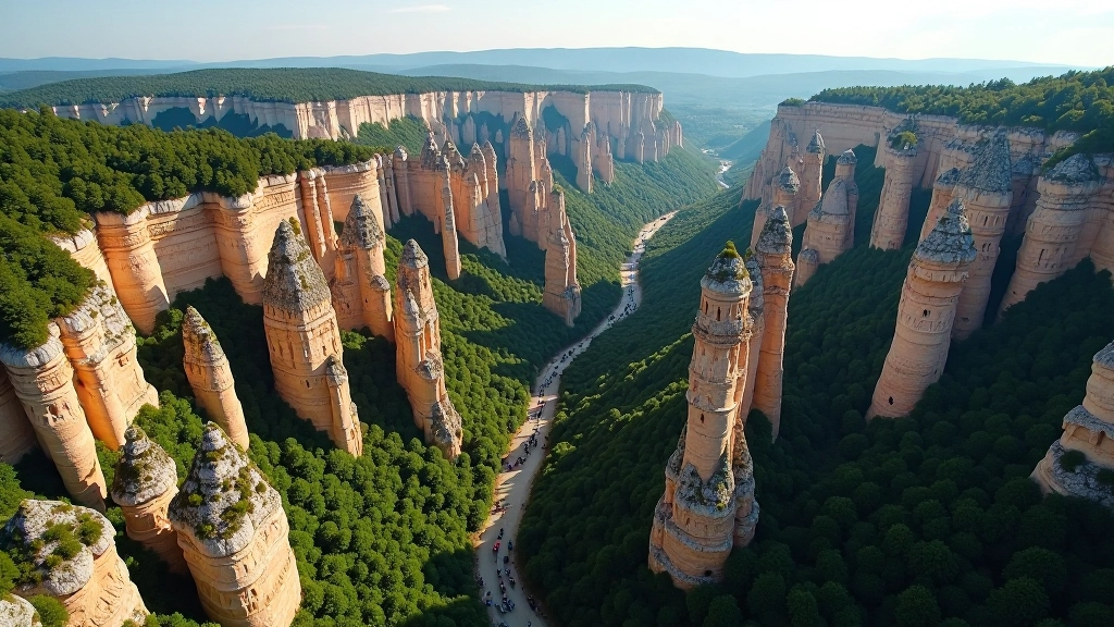Aerial view of Prachovské Skály showing the maze-like valley system between tall sandstone towers and formations