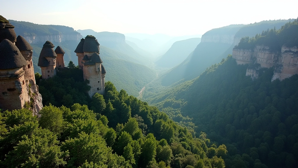 Aerial perspective showing multiple sandstone towers rising above forested landscape with hiking trails visible between them