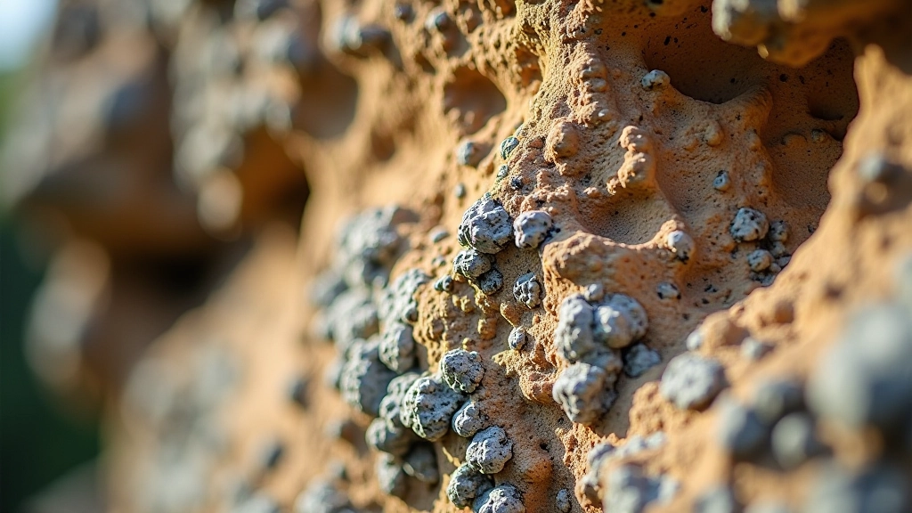 Detailed view of weathered sandstone surface showing texture, lichen growth, and natural erosion patterns on a rock face