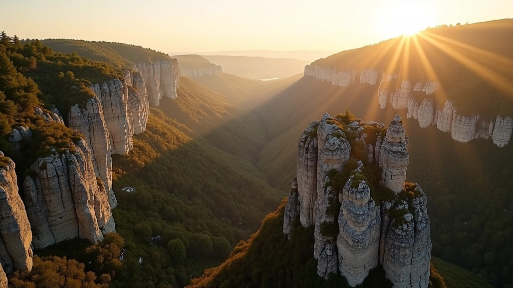 Dramatic sandstone rock formations and cliffs in Bohemian Paradise landscape