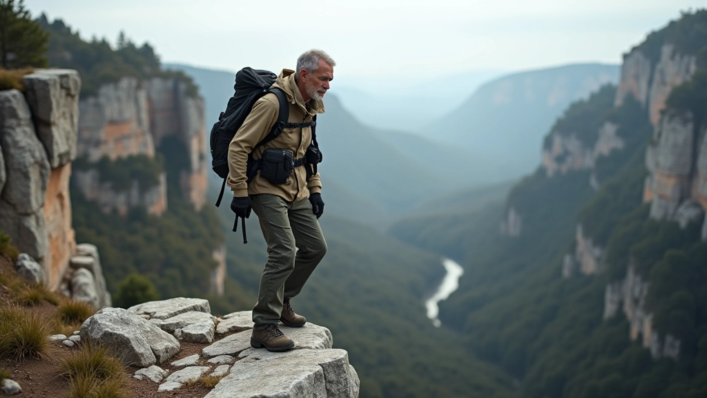 Advanced hiker on exposed ridge with significant exposure to drop-off, technical scrambling terrain