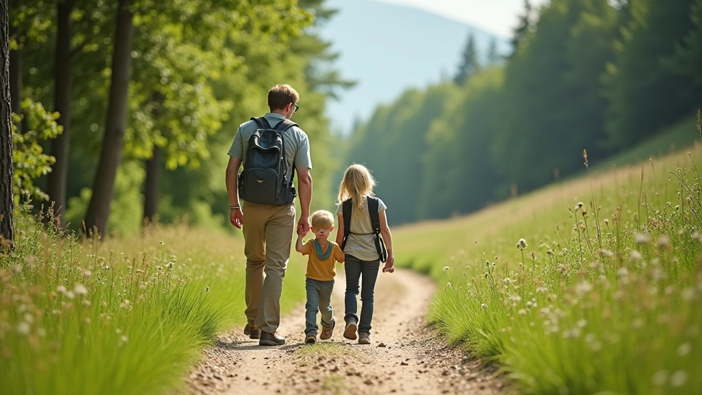Family walking on easy forest trail through sandstone valley with minimal elevation, clear marked path