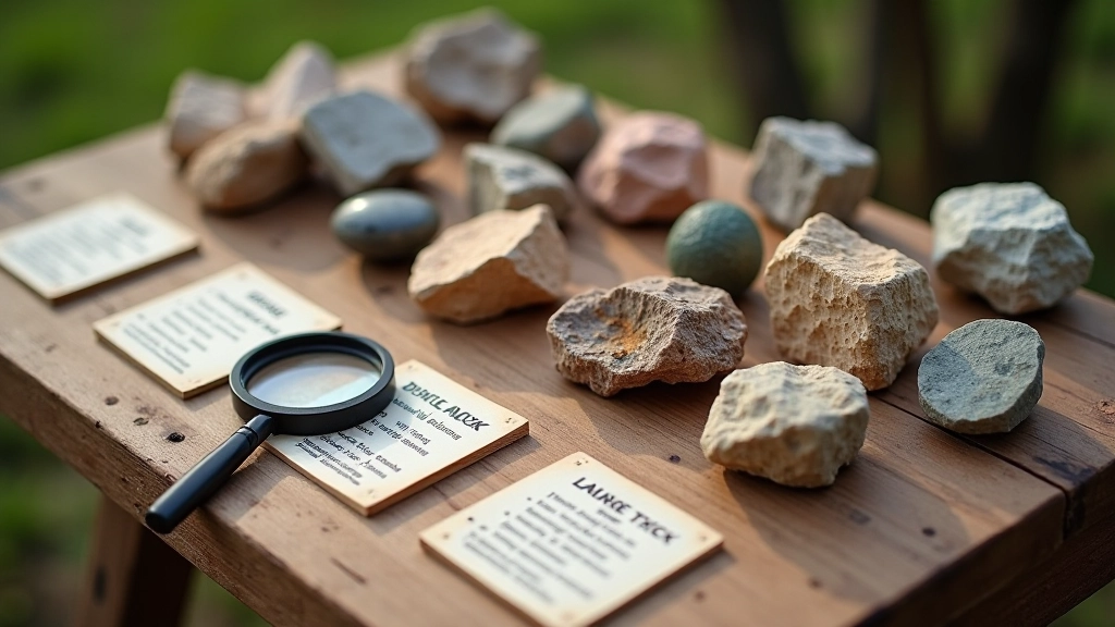 Geological rock samples and mineral specimens displayed showing different sandstone types