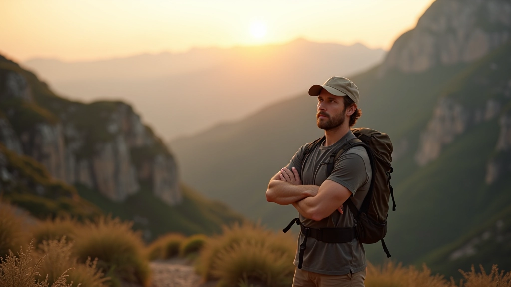 Hiker standing on mountain trail with panoramic view of sandstone towers and green valleys in Bohemian Paradise