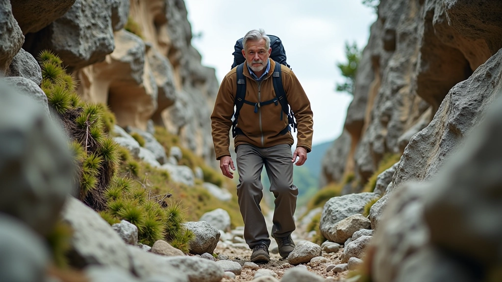 Experienced hiker navigating rocky scramble section on intermediate trail with moderate exposure