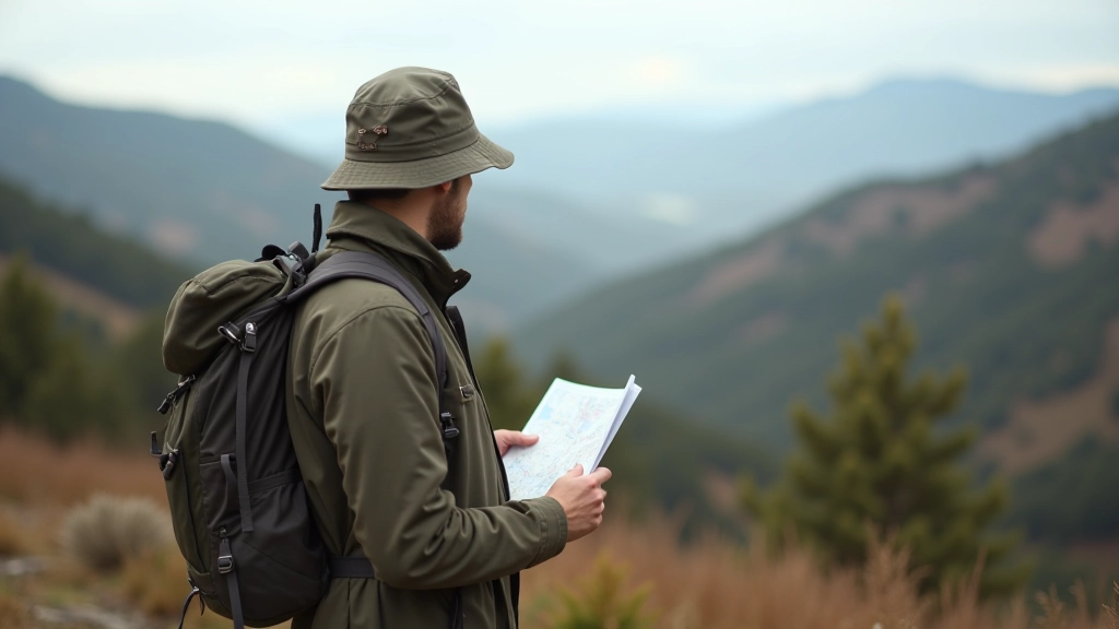Hiker standing at viewing platform with map and binoculars overlooking vast landscape of sandstone towers and valleys