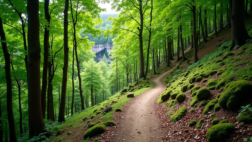 Hiking trail winding through forest with markers and natural path in Bohemian Paradise