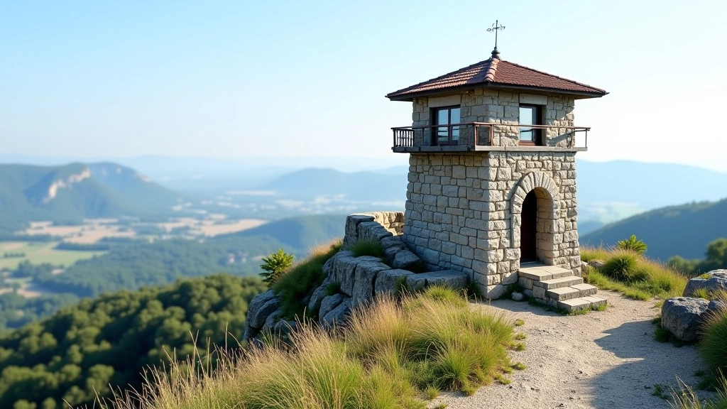 Stone tower structure with panoramic viewing platform overlooking forested valleys in Bohemian Paradise region
