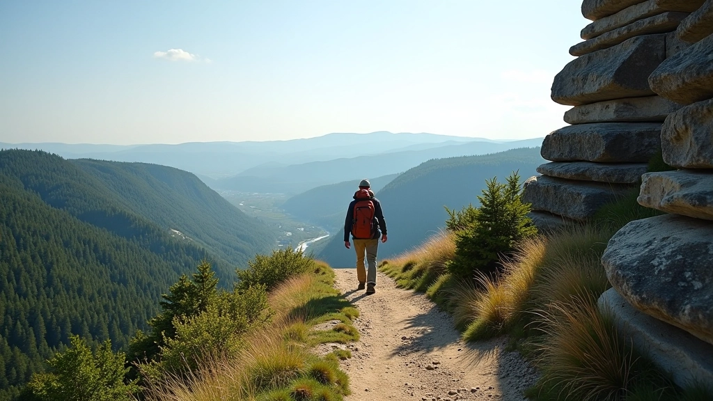 Hiker on a scenic mountain trail with valley views