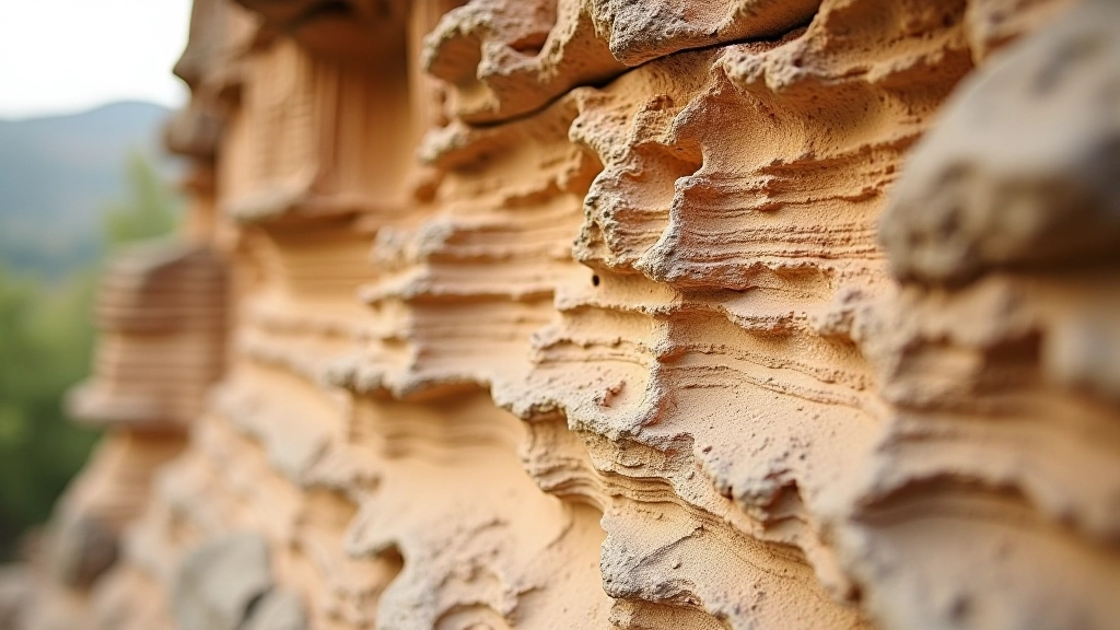 Close-up view of layered sandstone texture showing different colored mineral bands and erosion patterns
