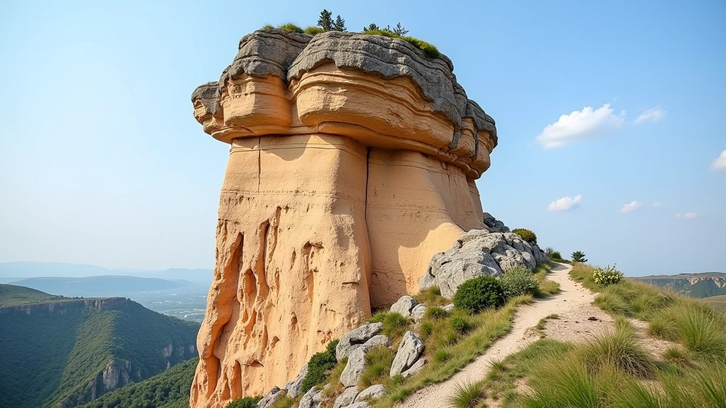 Dramatic sandstone tower formation showing clear erosion patterns with undercut base and overhanging top